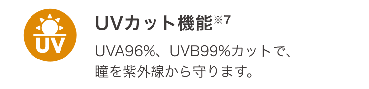 UVカット機能 UVA96%、UVB99%カットで瞳を紫外線から守ります。